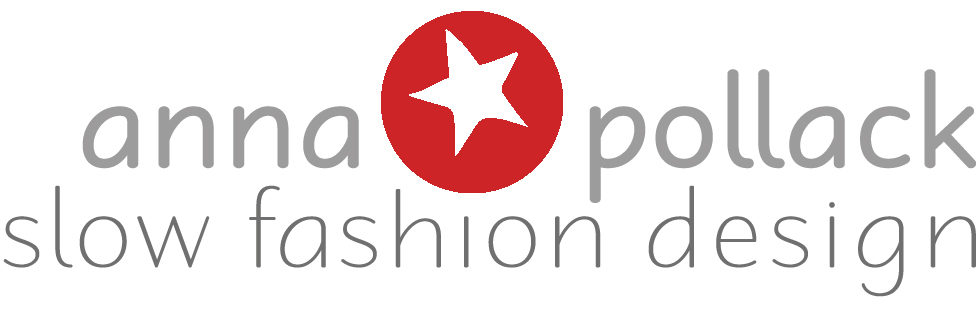 Logo anna * pollack - slow fashion design, weißer Stern auf rotem Kreis, Schrift in Grau
