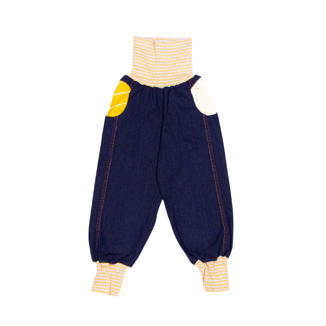 anna * pollack, Denim Piratenhose, Bund gelb-grau geringelt und Taschen gelb