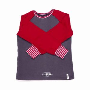 anna * pollack, Pulli grau mit roten Ärmeln, 104-110, Vorderansicht