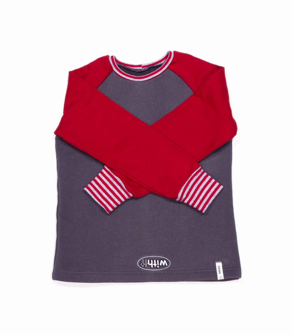 anna * pollack, Pulli grau mit roten Ärmeln, 104-110, Vorderansicht