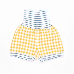 anna * pollack, Dirndlshorty, 56-80, gelber Dirndlstoff, Bund blau geringelt