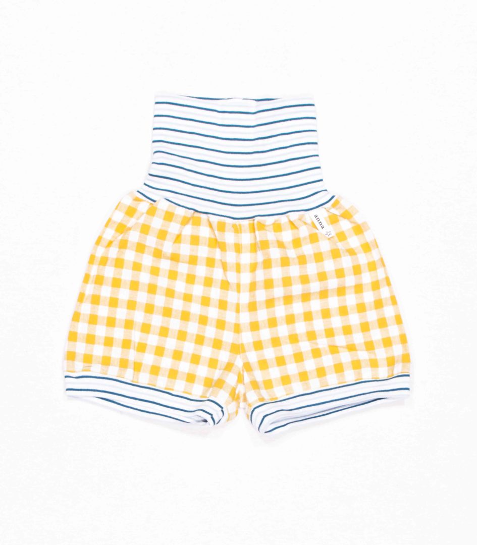 anna * pollack, Dirndlshorty, 56-80, gelber Dirndlstoff, Bund blau geringelt