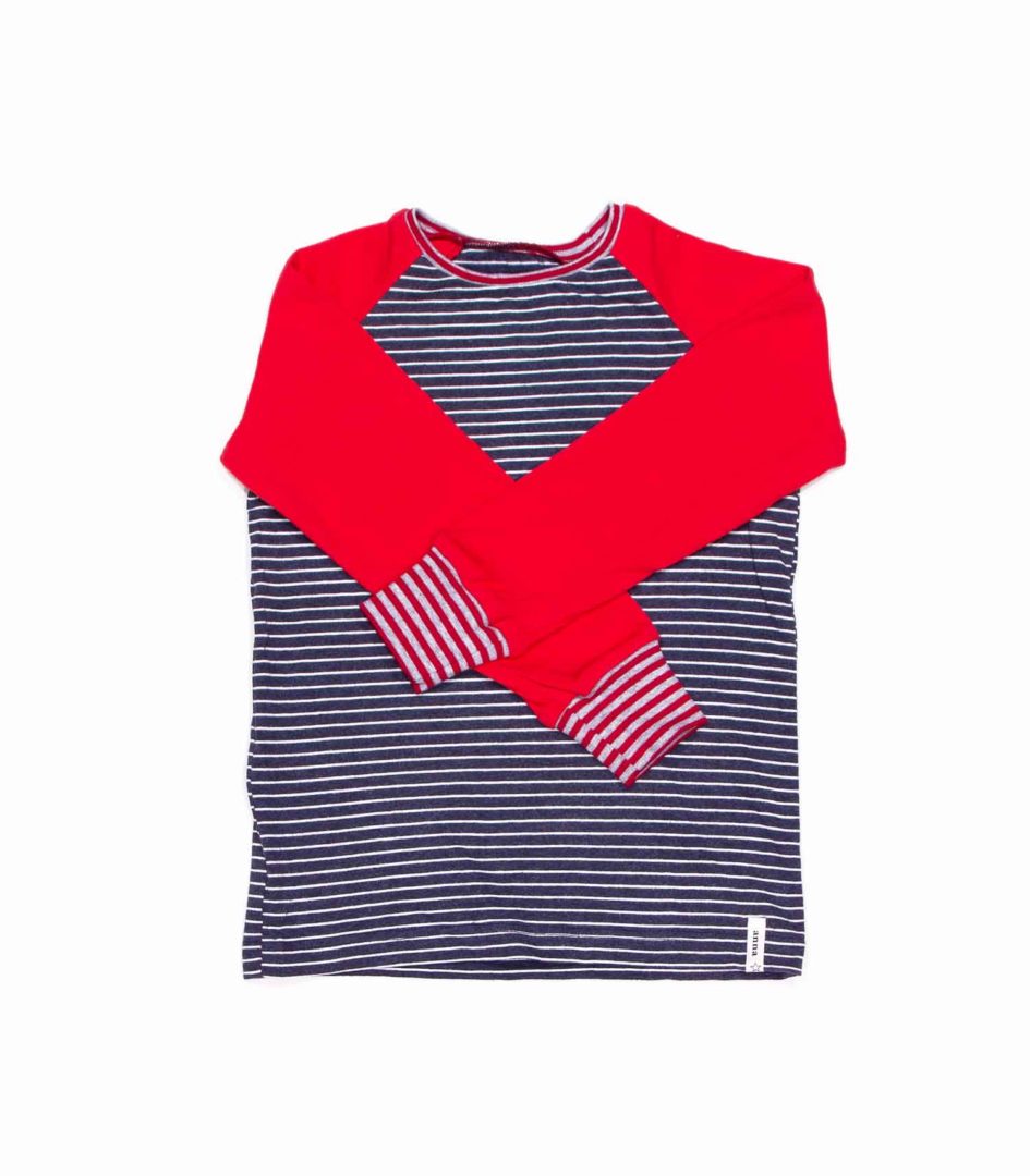 anna * pollack, T-Shirt blau geringelt mit roten Ärmeln, 116-122, Vorderansicht