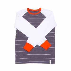 anna * pollack, T-Shirt grau geringelt mit hellblauen Ärmeln, 116-122, Vorderansicht