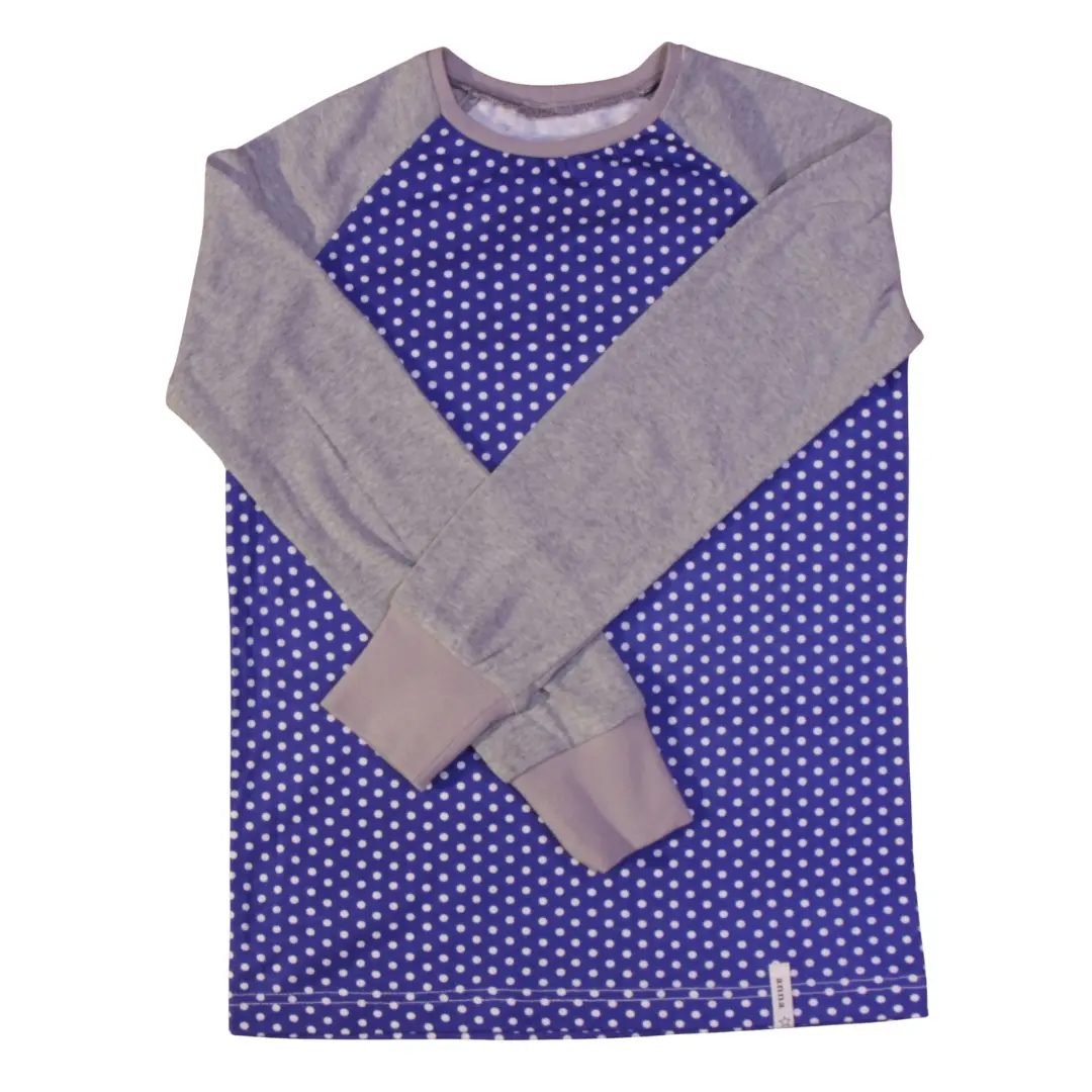anna * pollack, T-Shirt blau mit weißen Tupfen mit grauen Ärmeln, 116-122, Vorderansicht