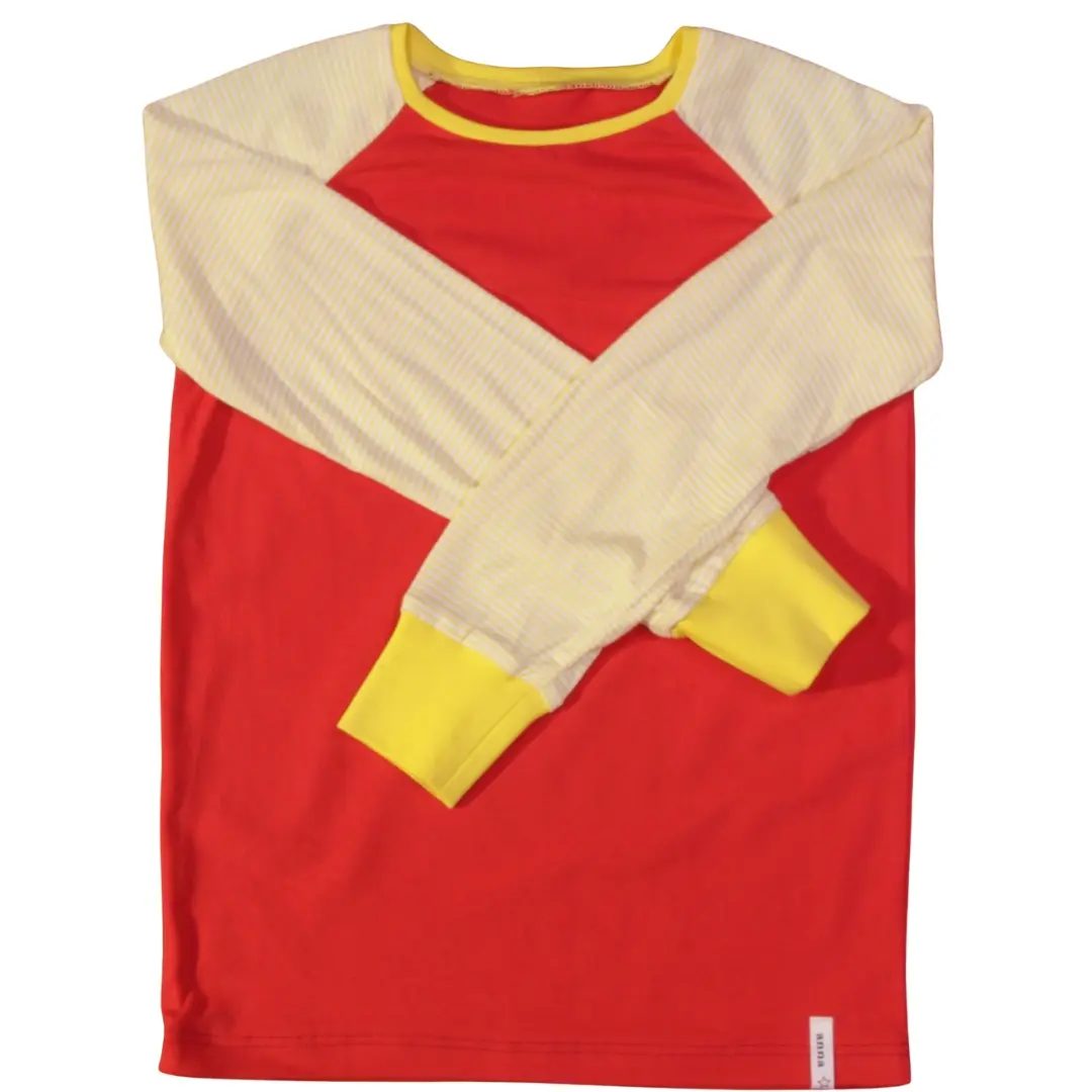 anna * pollack, T-Shirt rot mit gelb weiß geringelten Ärmeln, 116-122, Vorderansicht