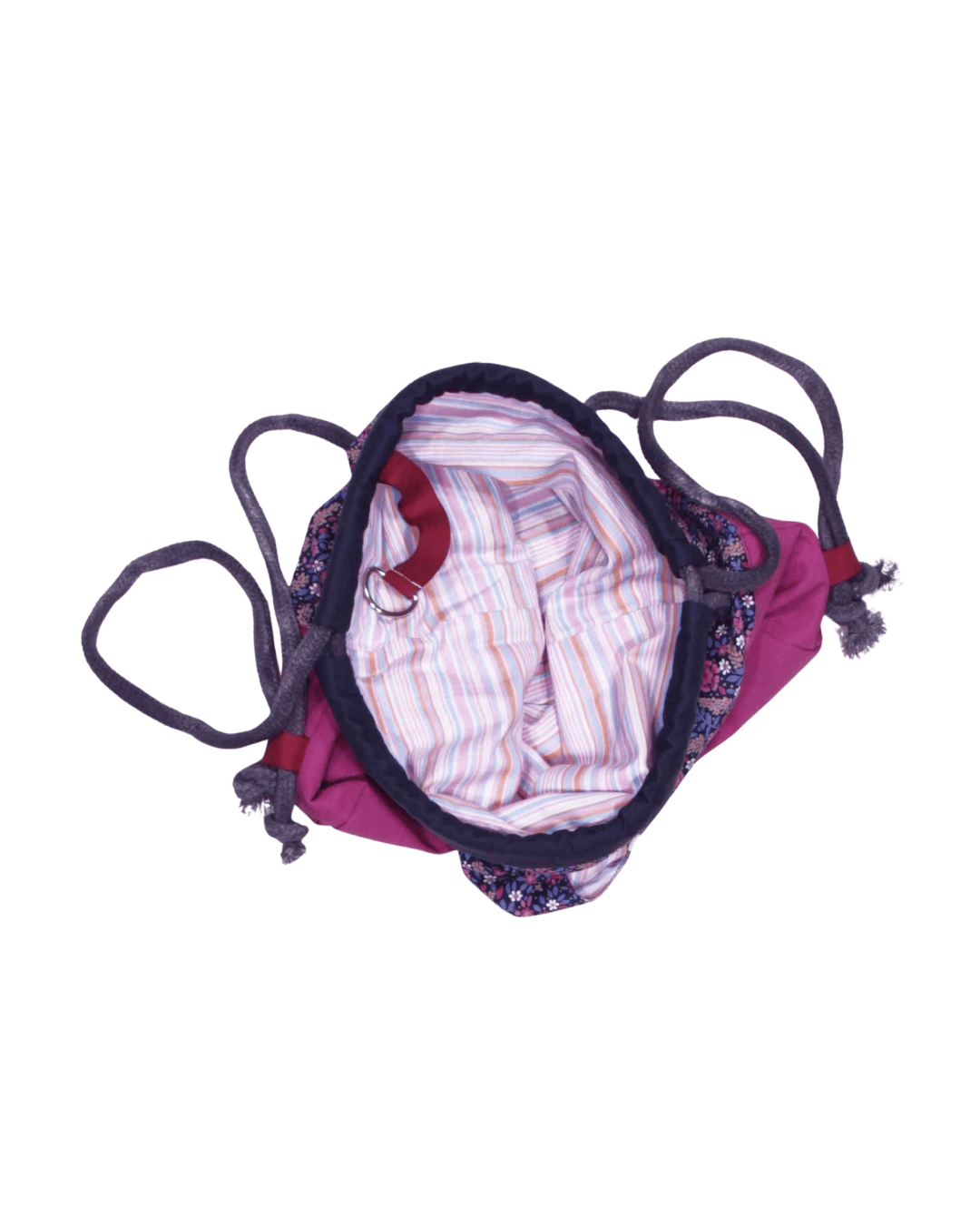 anna * pollack, Beutelbag, Oberteil lila-blaues Millefleurs Muster, Unterteil pinker, robuster Stoff, Innenfuter rosa gestreift Tasche rosa, Träger grau, Ansicht offen von oben