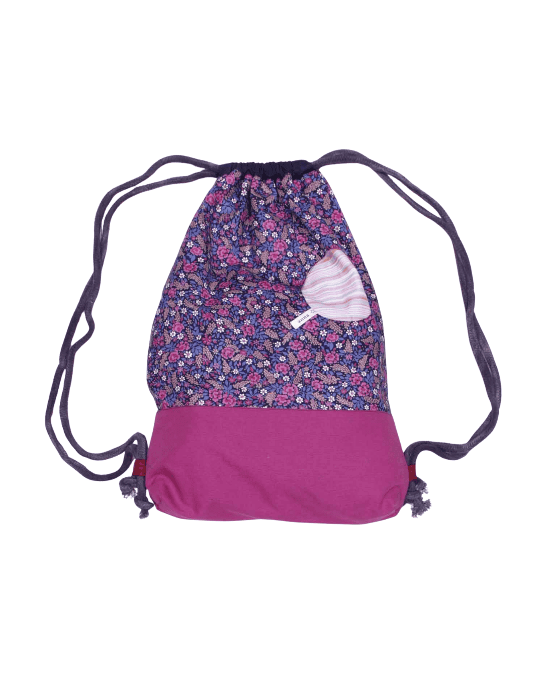 anna * pollack, Beutelbag, Oberteil lila-blaues Millefleurs Muster, Unterteil pinker, robuster Stoff, Tasche rosa, Träger grau, Ansicht zugezogen