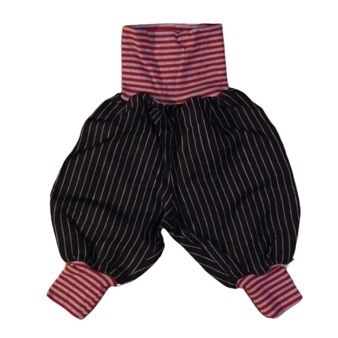 anna * pollack, Minipirat, Leinen Nadelstreif schwarz, Bündchen rotgrau geringelt