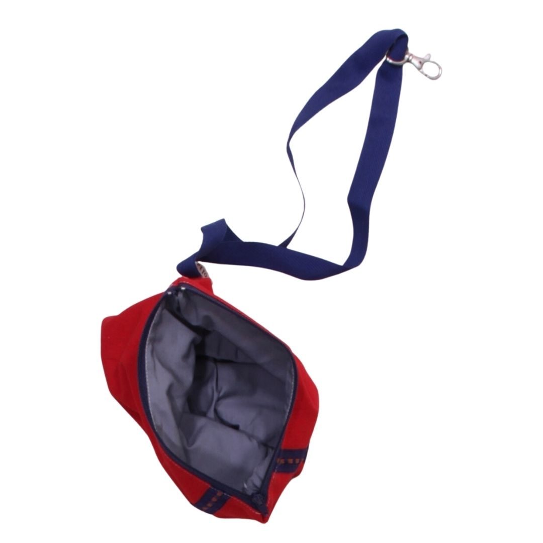 anna * pollack, Täschchen rot mit blauem, grau gefüttert, mit Zipp und Gurt