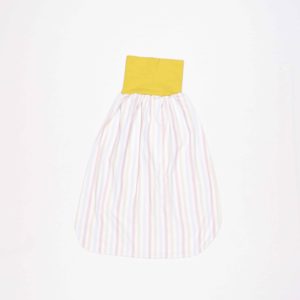 anna * pollack, Pucksack/Schlafsack, hauchdünn, ungefüttert, hell gestreifter Baumwollstoff, Bund gelb