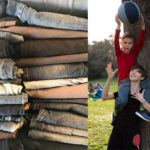 links alte Jeans, rechts, zwei Buben in Piratenhosen